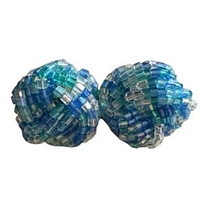 Vintage Avon 1992 Czech Glass Cluster Stud Earrings | Iridescent Sea Blue | 1”